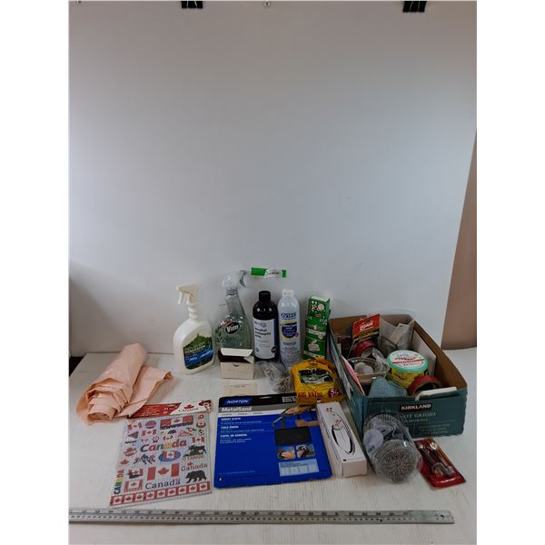 Disinfectant, Cleaning Spray, Emery cloth, Canada Stickers, (3) Scourers, Poker Game Invites, Misc