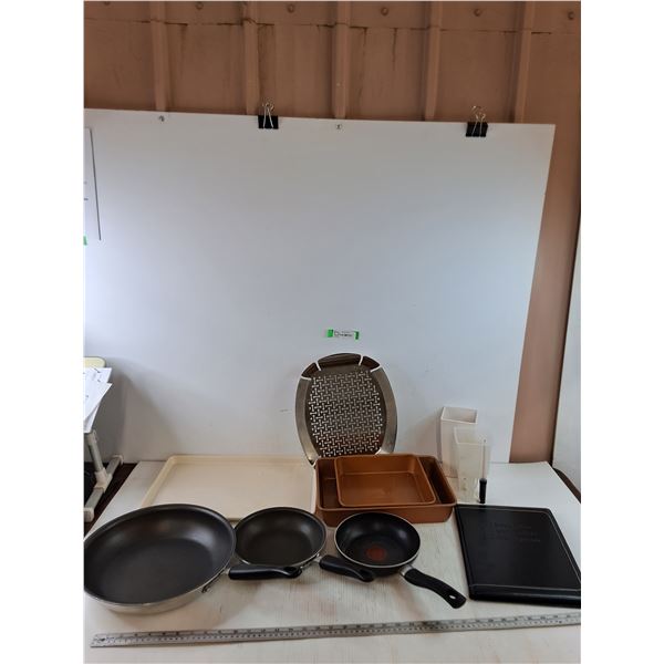 (3) Pans KitchenAid and T-Fal, (1) Gotham Street Pan, Graphics Paper Book, David Burke Tray, Misc