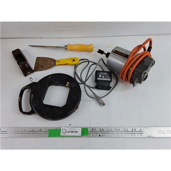 Hole Saw, Router - Powers On, As Is, Putty Knife, Measuring Tape, Cable Converter, Wood Plane