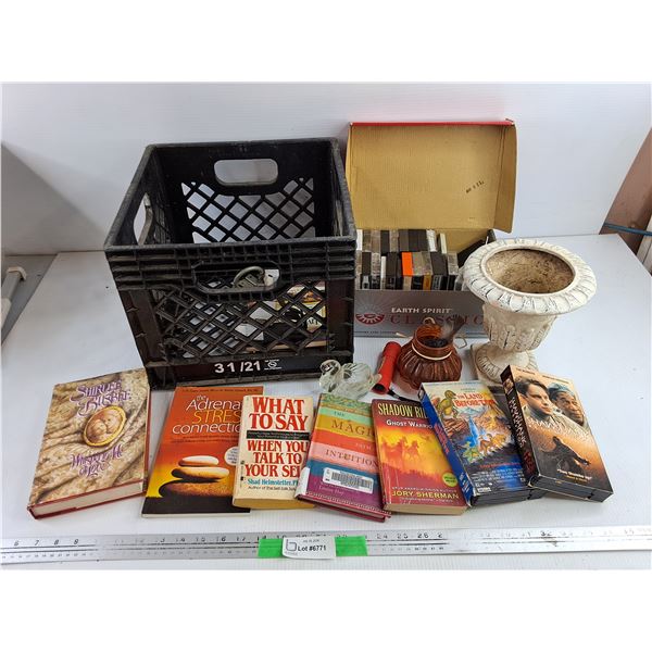 Assorted Books, Tapes, Ceramic Planter, Milk Crate, Misc