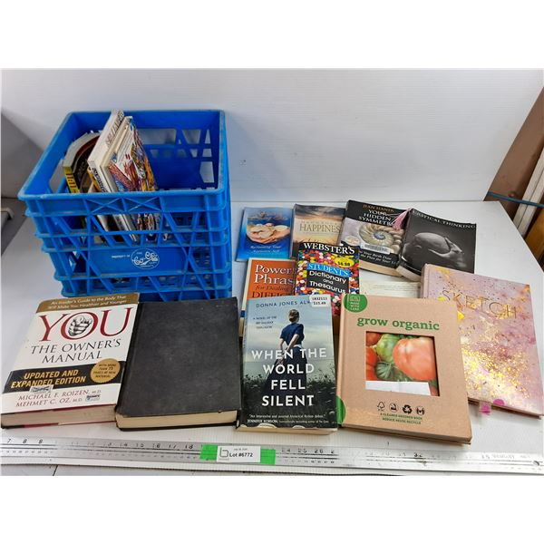 Milk Crate & Assorted Books - Grow Organic, Critical Thinking, Websters Dictionary, Misc