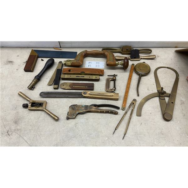 British Brass Tool Collection: Caliper, Rules, Squares, Die Set, Levels, Brace Drill, and More