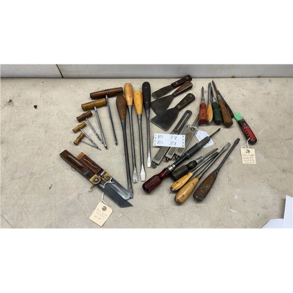 Assorted Perfect Handle Screwdrivers, Awls, Robinson Screwdrivers, Stanley Putty Knives, and More