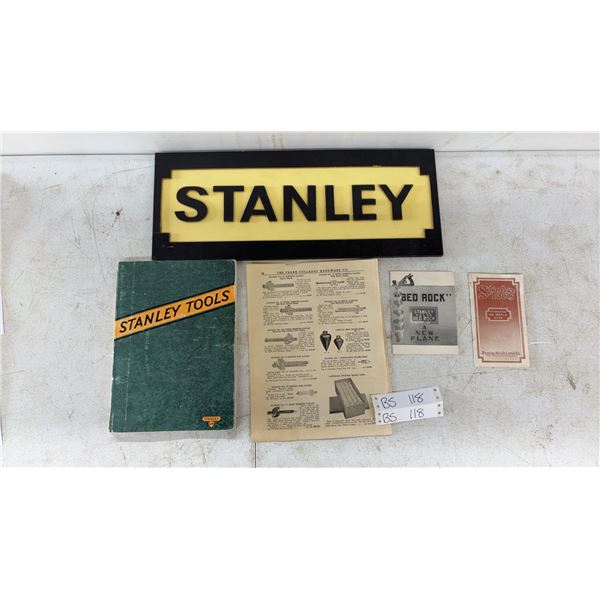 Stanley Sign 18 1/2 x 7 1/2", 1912 Stanley Price Guide, Stanley 1929 Catalogue, and Bedrock Price