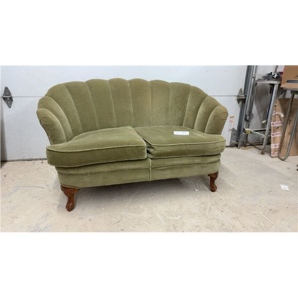 Vintage Art Deco Channel-Back Clamshell Loveseat in Olive Green Velvet, 32" H X 48" W