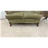 Image 7 : Vintage Art Deco Channel-Back Clamshell Loveseat in Olive Green Velvet, 32" H X 48" W