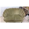 Image 8 : Vintage Art Deco Channel-Back Clamshell Loveseat in Olive Green Velvet, 32" H X 48" W