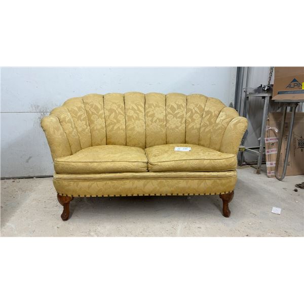 Vintage Gold Damask Shell-Back Loveseat with Carved Cabriole Legs and Nailhead Trim, 32 x 47"