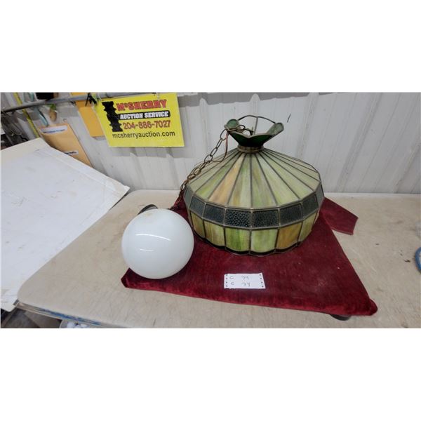 Tiffany-Style Stained Glass Pendant Lamp and White Glass Globe