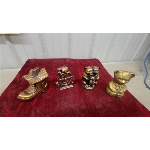 Lot of Four Vintage Cast Metal Coin Banks: Old Woman in a Shoe, Time to Save, and More