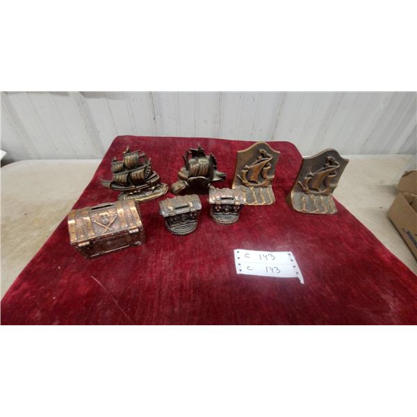 Collection of Nautical-Themed Bronze-Toned Bookends and Banks, Treasure Chest, Ship Sculptus