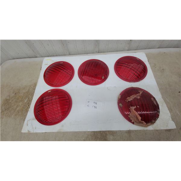 Set of Five Red Ribbed Glass Light Lenses, Approximately 7" Diameter Traffic? Railway?