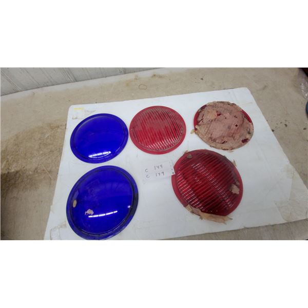 Vintage Blue and Red Glass Lenses, Five Pieces Emergency ? Railway ?