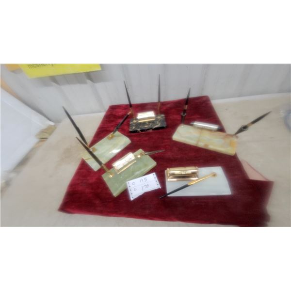 Collection of Decorative Onyx and Marble Desk Sets with Pens and Perpetual Calendars and More