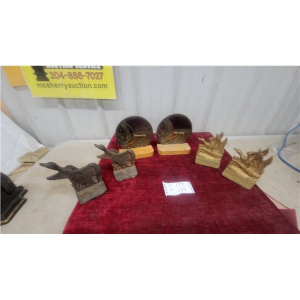 Collection of Carved Waterfowl Bookends and Duck Stamp Medallions on Wooden Bases and More