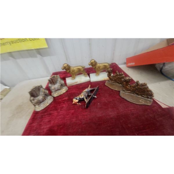 Pair of Cast Metal Gold-Finish Chow Chow Dog Bookends with Onyx Blocks and More