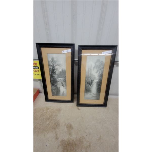 Pair of Framed Black and White Prints, "Moon Light" and "Daybreak" Wildlife Scenes 14 x 27" Framed