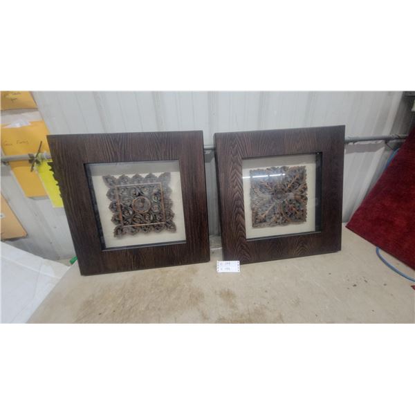 Pair of Framed Hand-Carved Wooden Floral Medallion Shadow Box Wall Art Pieces 24 x 24"