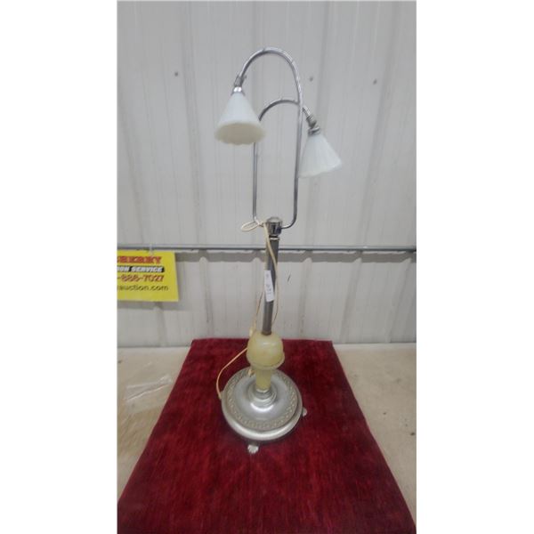 Art Deco Double Gooseneck Chrome Table Lamp with Fluted Milk Glass Shades, 1930s