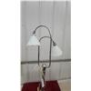 Image 2 : Art Deco Double Gooseneck Chrome Table Lamp with Fluted Milk Glass Shades, 1930s