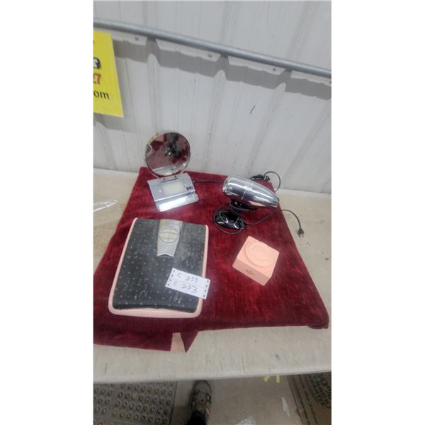 Vintage Detecto Bathroom Scale, Vanity Mirror with Tray, Chrome Hair Dryer, and More