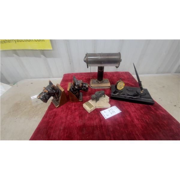 Vintage Black Marble Desk Set with Clock, Pen Holder, Scottie Dog Bookends, and More