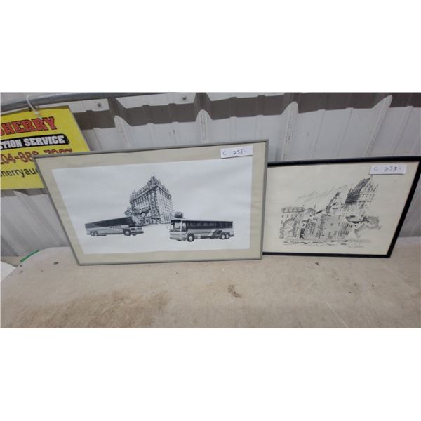 Framed Black and White Print of Urban Scene with East Side Omnibus Corp Buses Biggest 16 x 27"