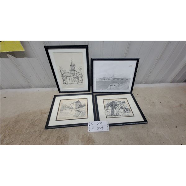 Four Framed Black and White Historical Architectural Prints Including Grant's Old Mill