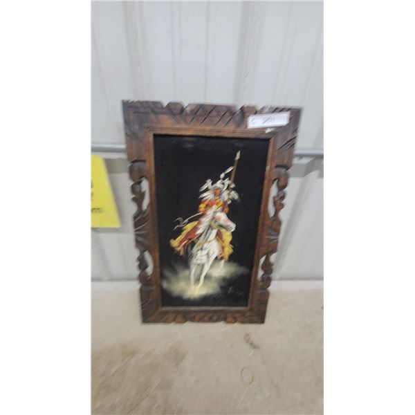 Native American Warrior on Horseback Velvet Painting in Carved Wooden Frame 16 x 25"