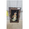 Image 1 : Native American Warrior on Horseback Velvet Painting in Carved Wooden Frame 16 x 25"