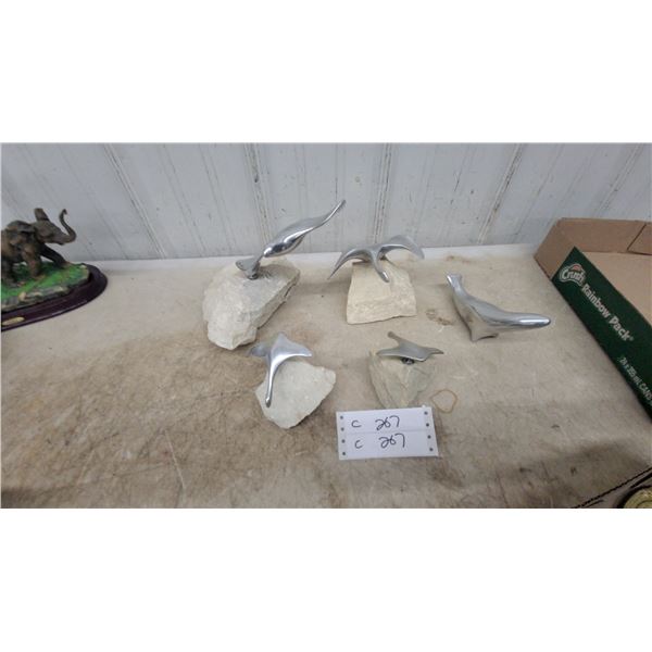Polished Aluminum Abstract Bird Sculptures on Natural Stone Bases, Set of Four