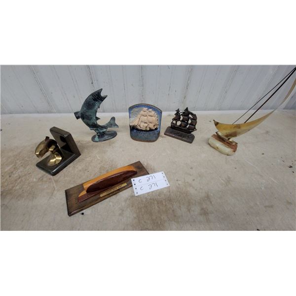 Brass Sailboat Sculpture on Wood and Stone Base Book Ends and More
