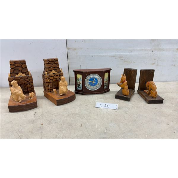 Hand-Carved Wooden Fireplace Bookends, Mantel Clock, and Dog Bookends