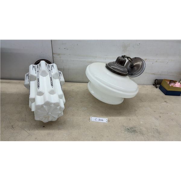 Art Deco Milk Glass Pendant Shade and Semi-Flush Mount Ceiling Light Fixture (Damage on Shade)