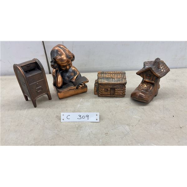 Vintage Cast Iron Coin Banks, Mailbox, Girl Reading, Log Cabin, and More