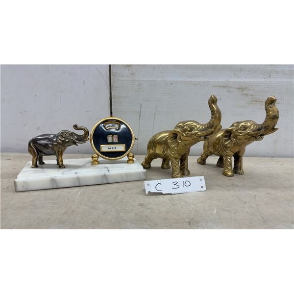 Brass Elephant Perpetual Desk Calendar on Marble Base and Two Brass Elephants