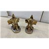 Image 6 : Three Pairs of Vintage Brass Bookends: Fleur-De-Lis, Boy Scout, and Maple Leaf with Kiwi