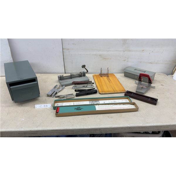 Vintage Office Lot: Metal Card File Box, Three-Hole Punch, Staplers, Sort-All, Cash Box and More