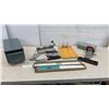 Image 1 : Vintage Office Lot: Metal Card File Box, Three-Hole Punch, Staplers, Sort-All, Cash Box and More