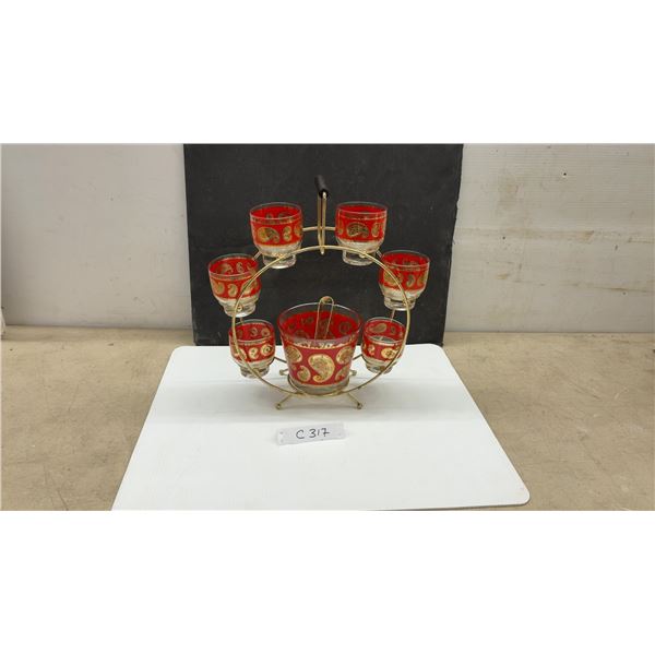 Vintage Mid-Century Gold-Tone Ferris Wheel Caddy with Six Paisley Glasses and Ice Bucket Set