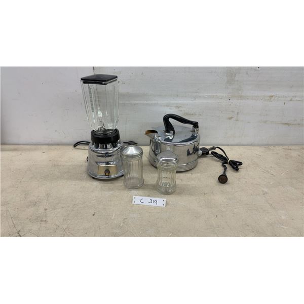 Vintage Osterizer Chrome Blender, Chrome Electric Kettle, Glass Sugar Shakers