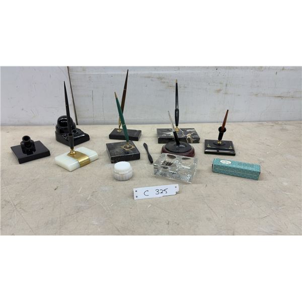 Collection of Vintage Desk Pen Stands with Marble and Onyx Bases, Inkwell, and More