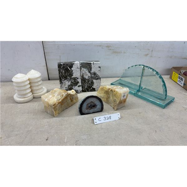 Collection of Stone Bookends, Agate Geode Slice, and Carved Stone Finials and More