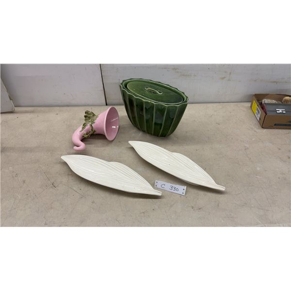 Pair of White Ceramic Leaf Dishes, Green Lidded Planter, and Pink Trumpet Vase