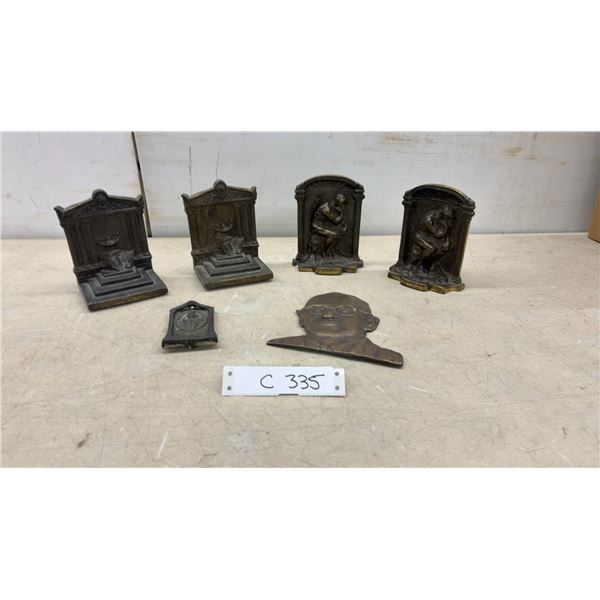 Two Pairs of Vintage Cast Metal Bookends, Bronze Harry Truman, and Door Knocker