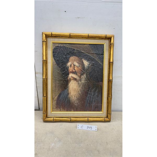 Oil Painting Portrait of Old Bearded Man by Gris in Gold Bamboo-Style Frame, 20 x 16"