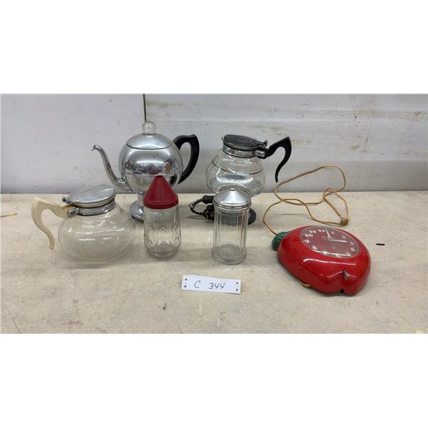 Seth Thomas Apple Wall Clock, Vintage Teapots, Glass Sugar Dispensers, and More