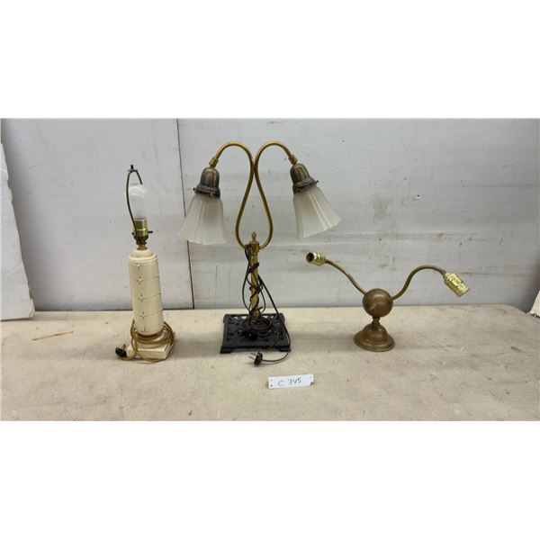 Lot of Three Vintage Table Lamps: Ceramic, Brass Double-Arm, and Gooseneck Base
