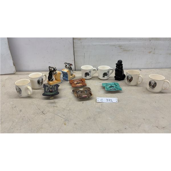 Dog-Themed Collectibles Lot: English Shepherd Mugs, Figurines, Plaques, Clock, (Has Damage