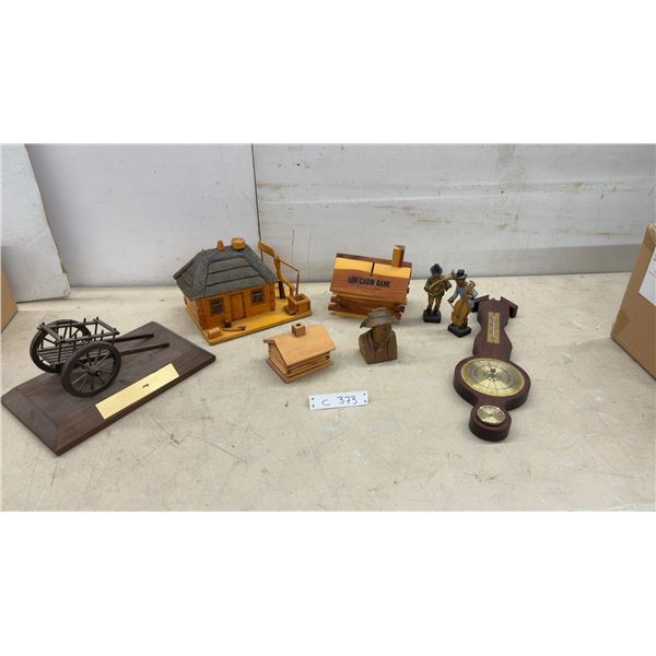 Wooden Collectibles, Fischer Weather Station, Log Cabin Bank, Cart Model, and More